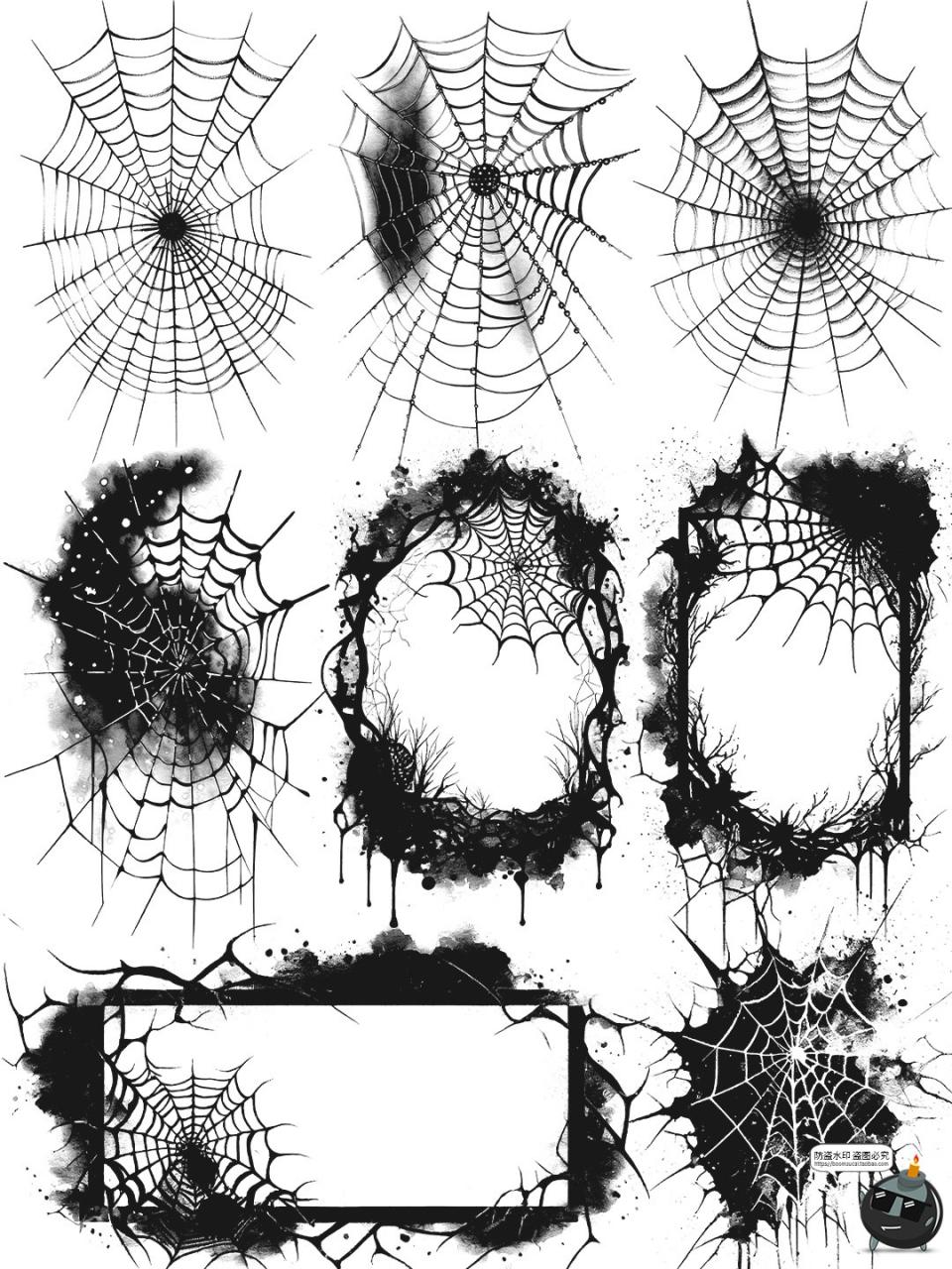 图片[1]-暗黑哥特风蜘蛛网恐怖万圣节鬼屋邪恶边框装饰PNG手账免抠图素材-设计猿
