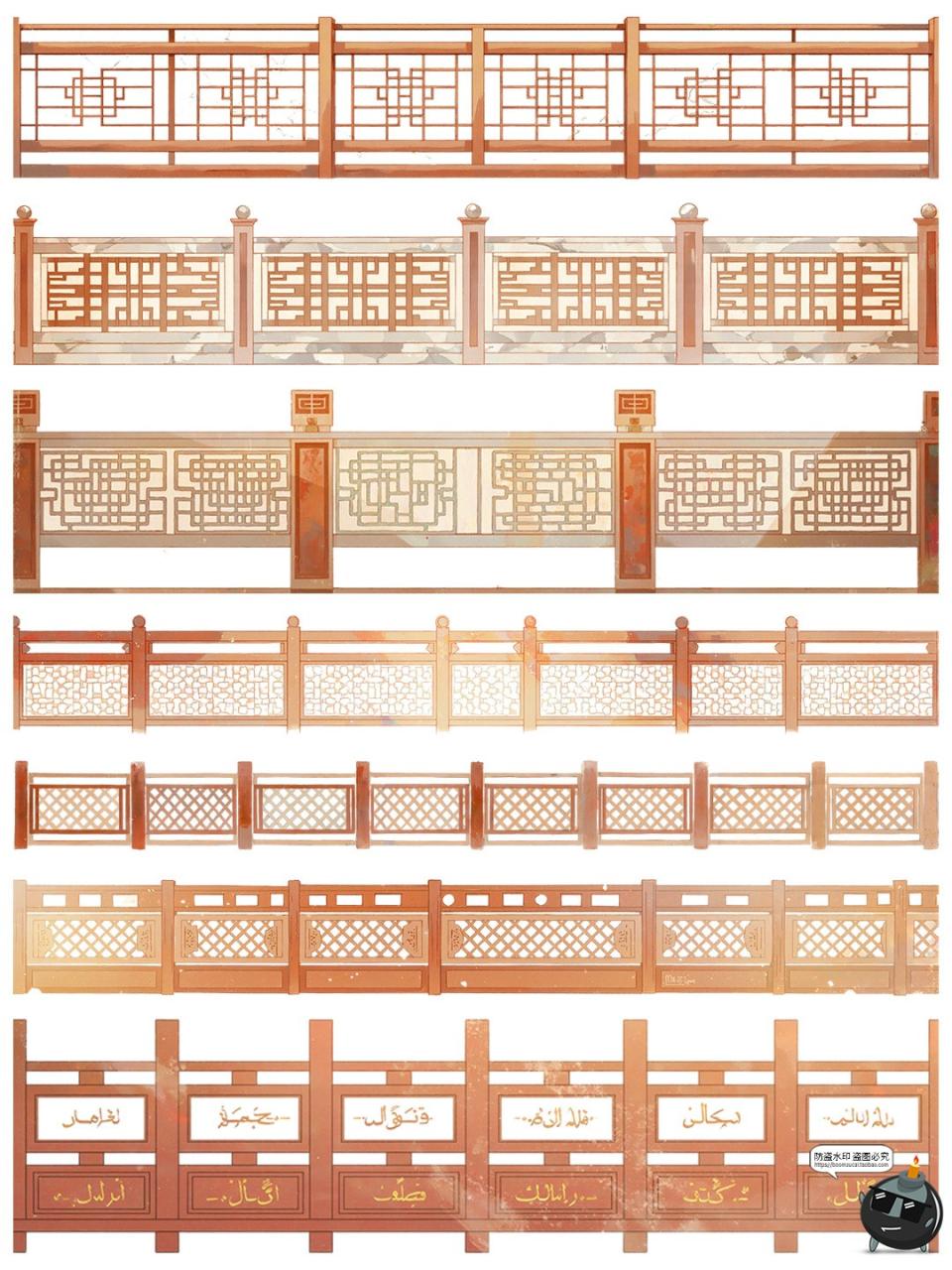 图片[1]-卡通游戏古风木质栏杆围栏雕栏玉砌护栏免抠PNG透明背景装饰素材-设计猿