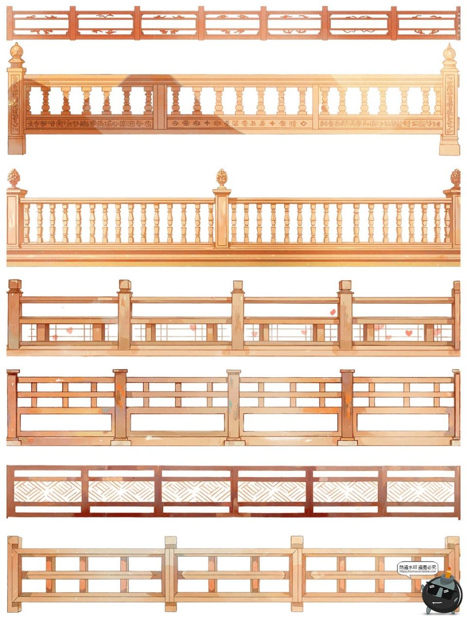 图片[2]-卡通游戏古风木质栏杆围栏雕栏玉砌护栏免抠PNG透明背景装饰素材-设计猿