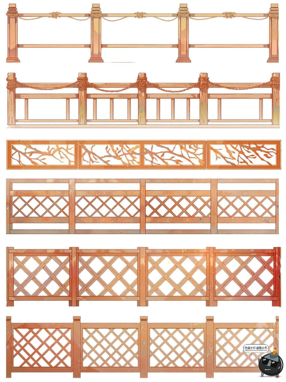图片[17]-卡通游戏古风木质栏杆围栏雕栏玉砌护栏免抠PNG透明背景装饰素材-设计猿