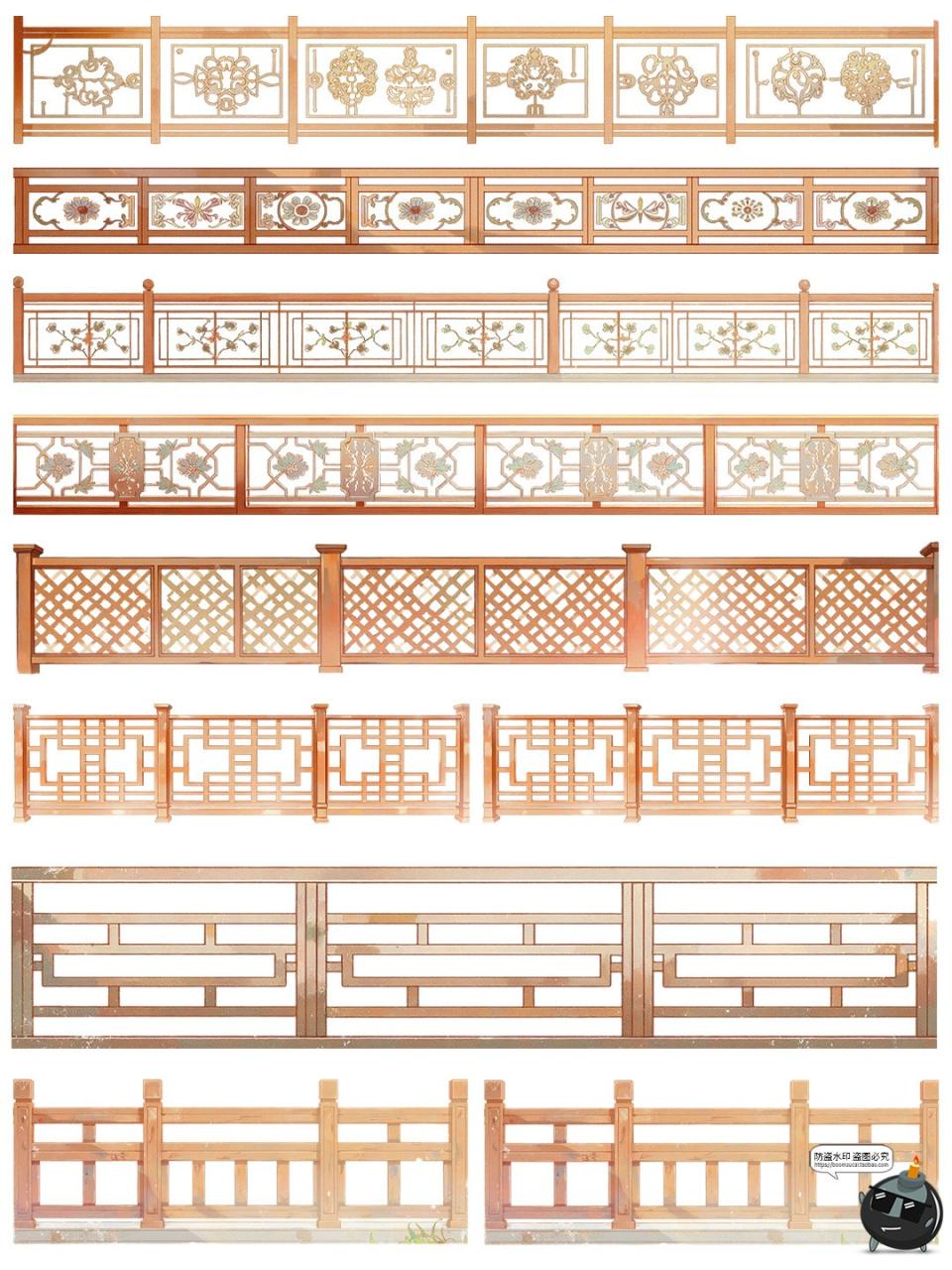 图片[20]-卡通游戏古风木质栏杆围栏雕栏玉砌护栏免抠PNG透明背景装饰素材-设计猿