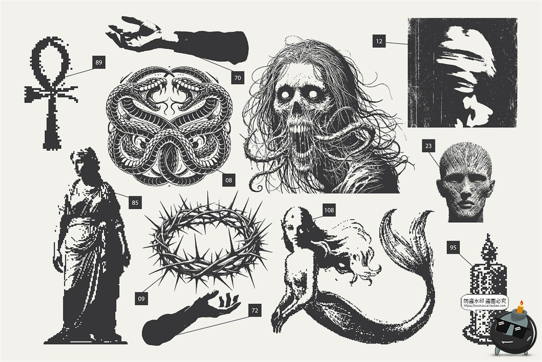 图片[6]-暗黑哥特恐怖神秘像素半色调噪点艺术插图插画PNG免抠AI矢量素材-设计猿