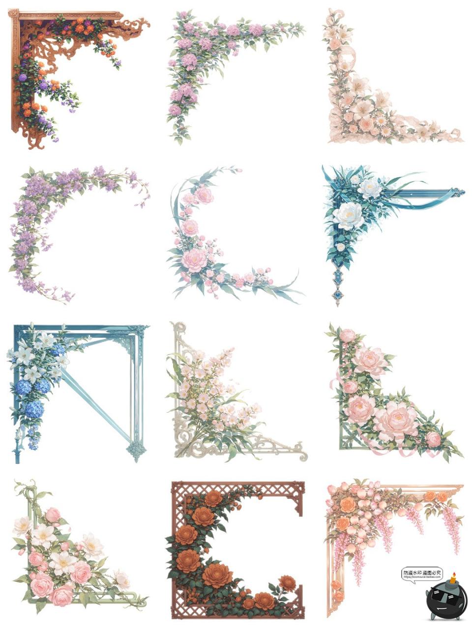 图片[1]-欧式花卉玫瑰花藤蔓边角角框角料卡片装饰元素PNG免抠手账素材图-设计猿