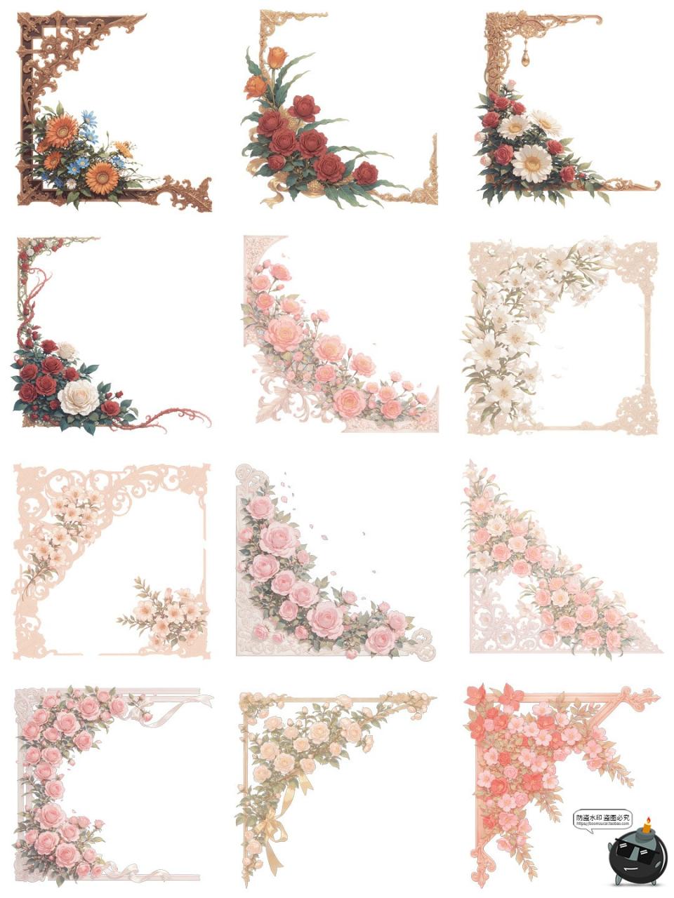 图片[2]-欧式花卉玫瑰花藤蔓边角角框角料卡片装饰元素PNG免抠手账素材图-设计猿