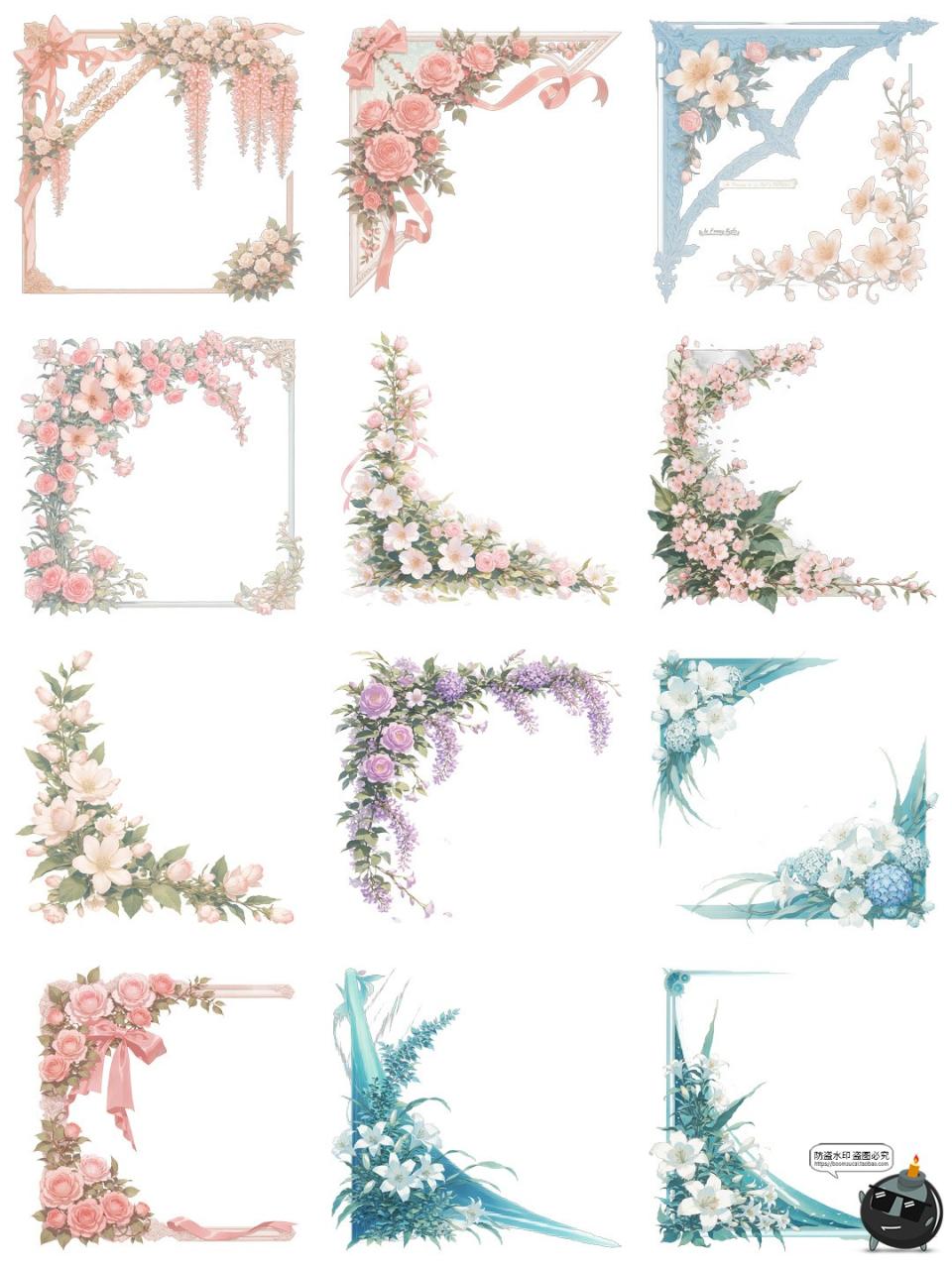 图片[3]-欧式花卉玫瑰花藤蔓边角角框角料卡片装饰元素PNG免抠手账素材图-设计猿