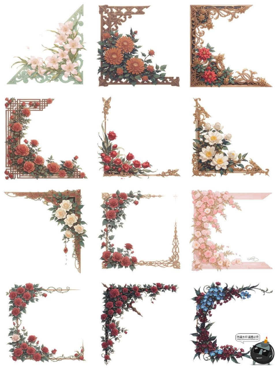 图片[4]-欧式花卉玫瑰花藤蔓边角角框角料卡片装饰元素PNG免抠手账素材图-设计猿