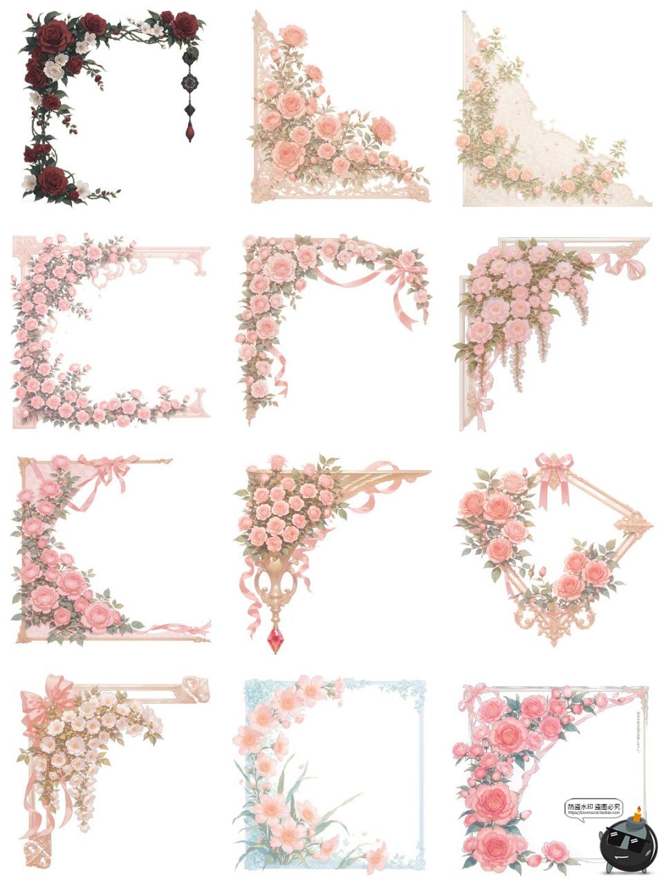 图片[5]-欧式花卉玫瑰花藤蔓边角角框角料卡片装饰元素PNG免抠手账素材图-设计猿