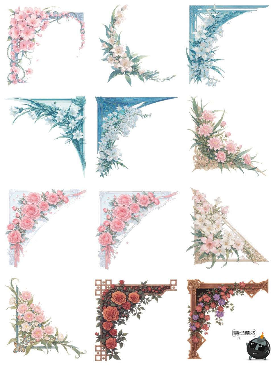 图片[6]-欧式花卉玫瑰花藤蔓边角角框角料卡片装饰元素PNG免抠手账素材图-设计猿