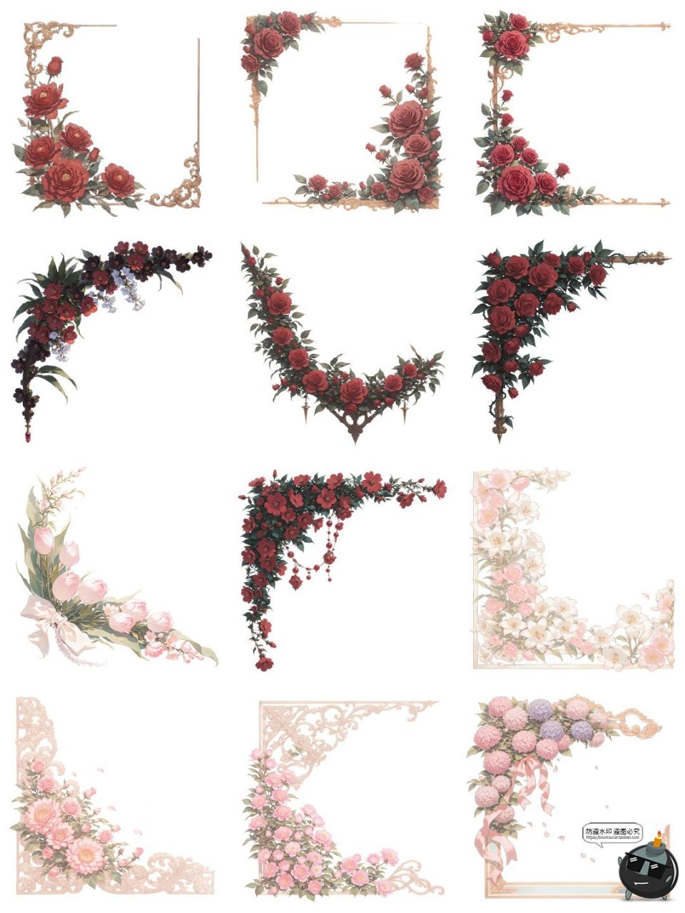 图片[7]-欧式花卉玫瑰花藤蔓边角角框角料卡片装饰元素PNG免抠手账素材图-设计猿