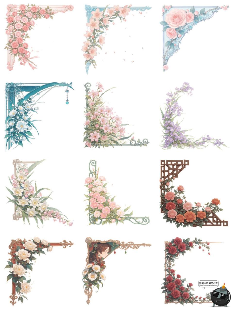 图片[8]-欧式花卉玫瑰花藤蔓边角角框角料卡片装饰元素PNG免抠手账素材图-设计猿