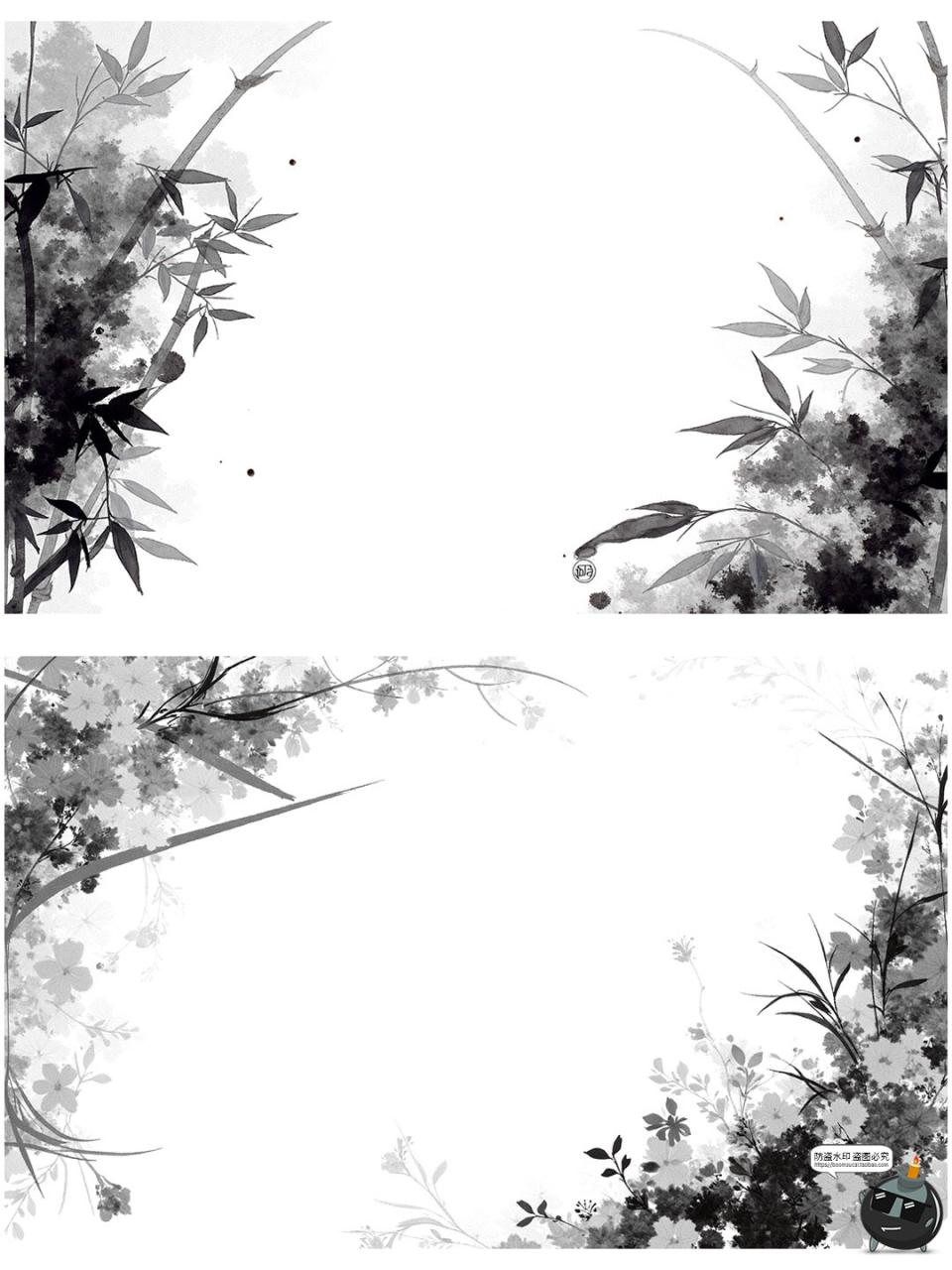 图片[1]-中国风水墨边框复古花枝竹叶长方形黑墨花卉诗意边框png免抠素材-设计猿