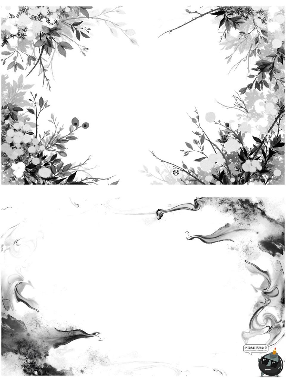 图片[5]-中国风水墨边框复古花枝竹叶长方形黑墨花卉诗意边框png免抠素材-设计猿