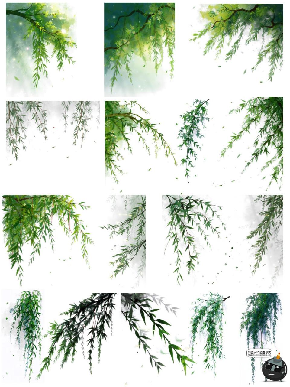 图片[4]-翠绿诗意柳枝柳叶树枝美工海报透明背景装饰元素PNG免抠手账素材-设计猿