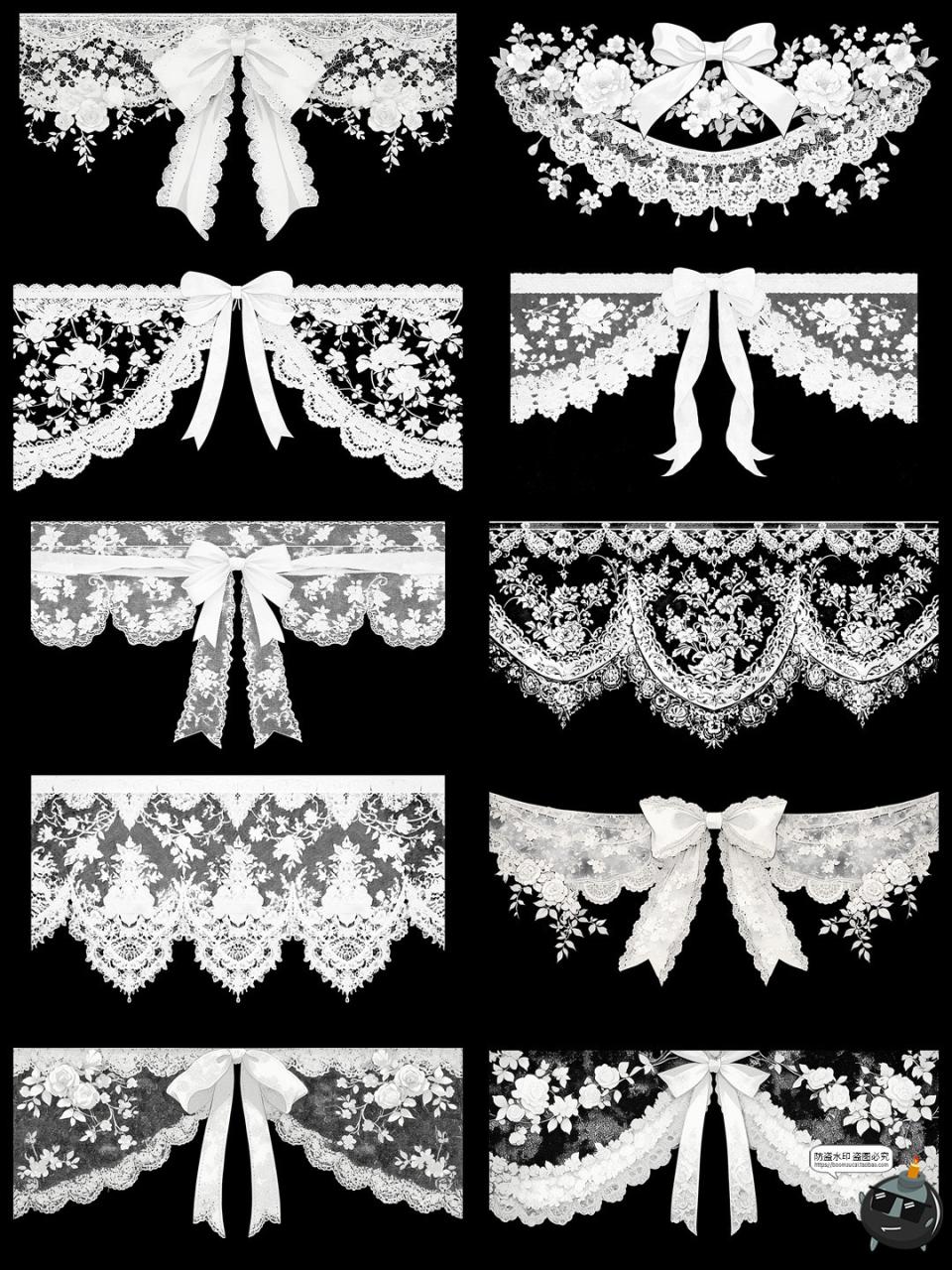 图片[1]-欧式巴洛克蕾丝边框花纹花边白丝带蝴蝶结装饰PNG免抠美工素材图-设计猿