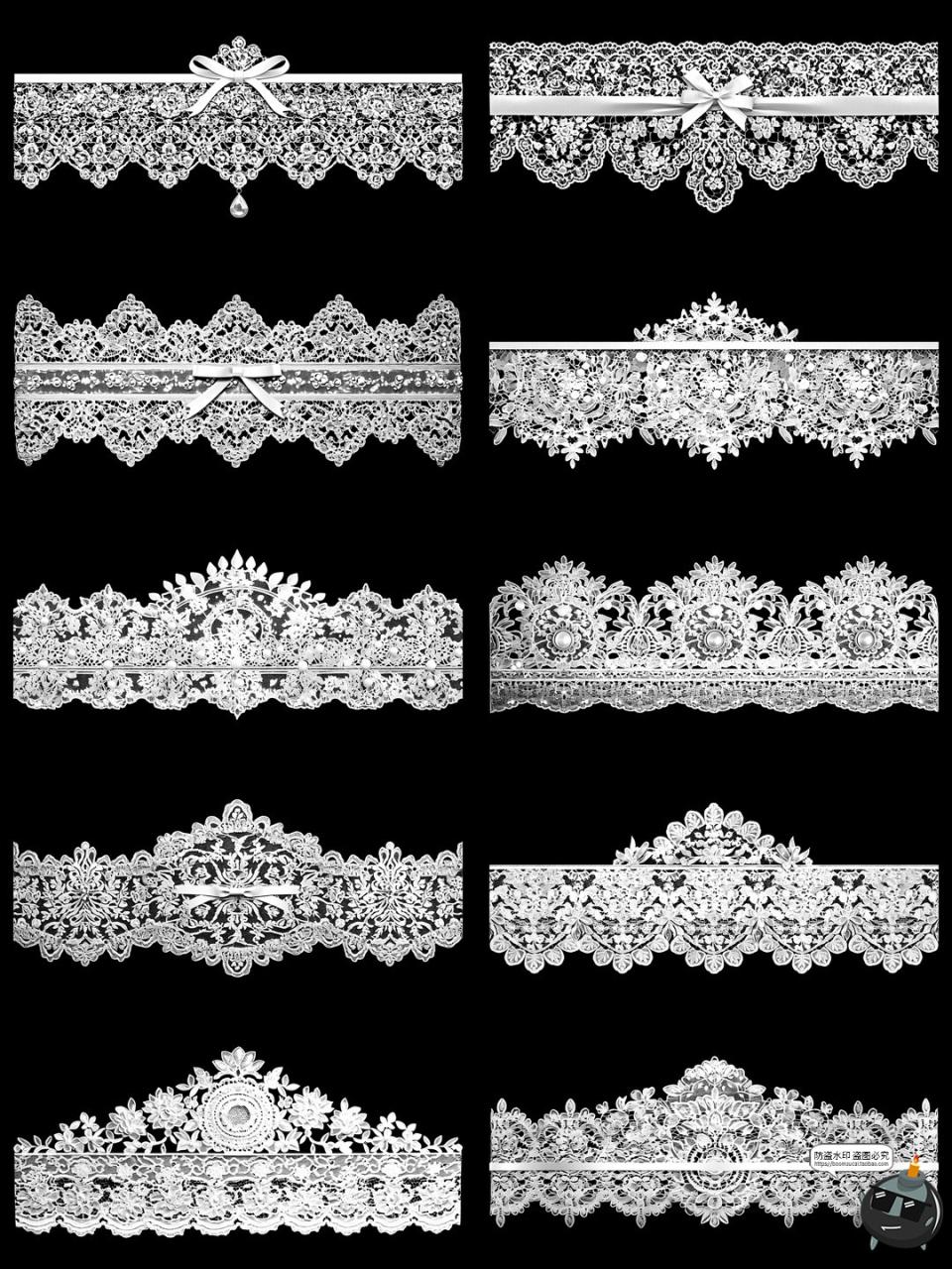 图片[3]-欧式巴洛克蕾丝边框花纹花边白丝带蝴蝶结装饰PNG免抠美工素材图-设计猿
