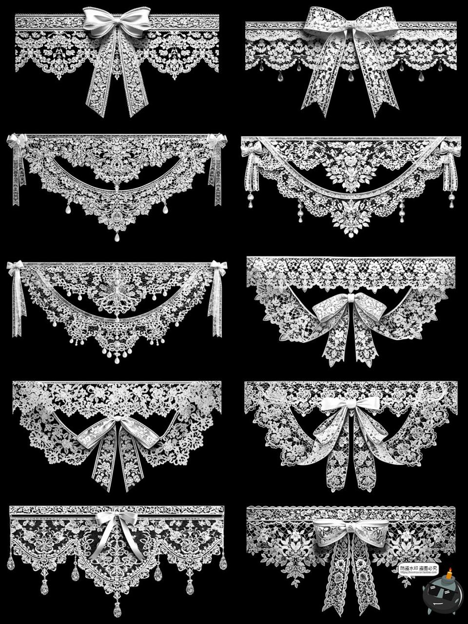 图片[6]-欧式巴洛克蕾丝边框花纹花边白丝带蝴蝶结装饰PNG免抠美工素材图-设计猿
