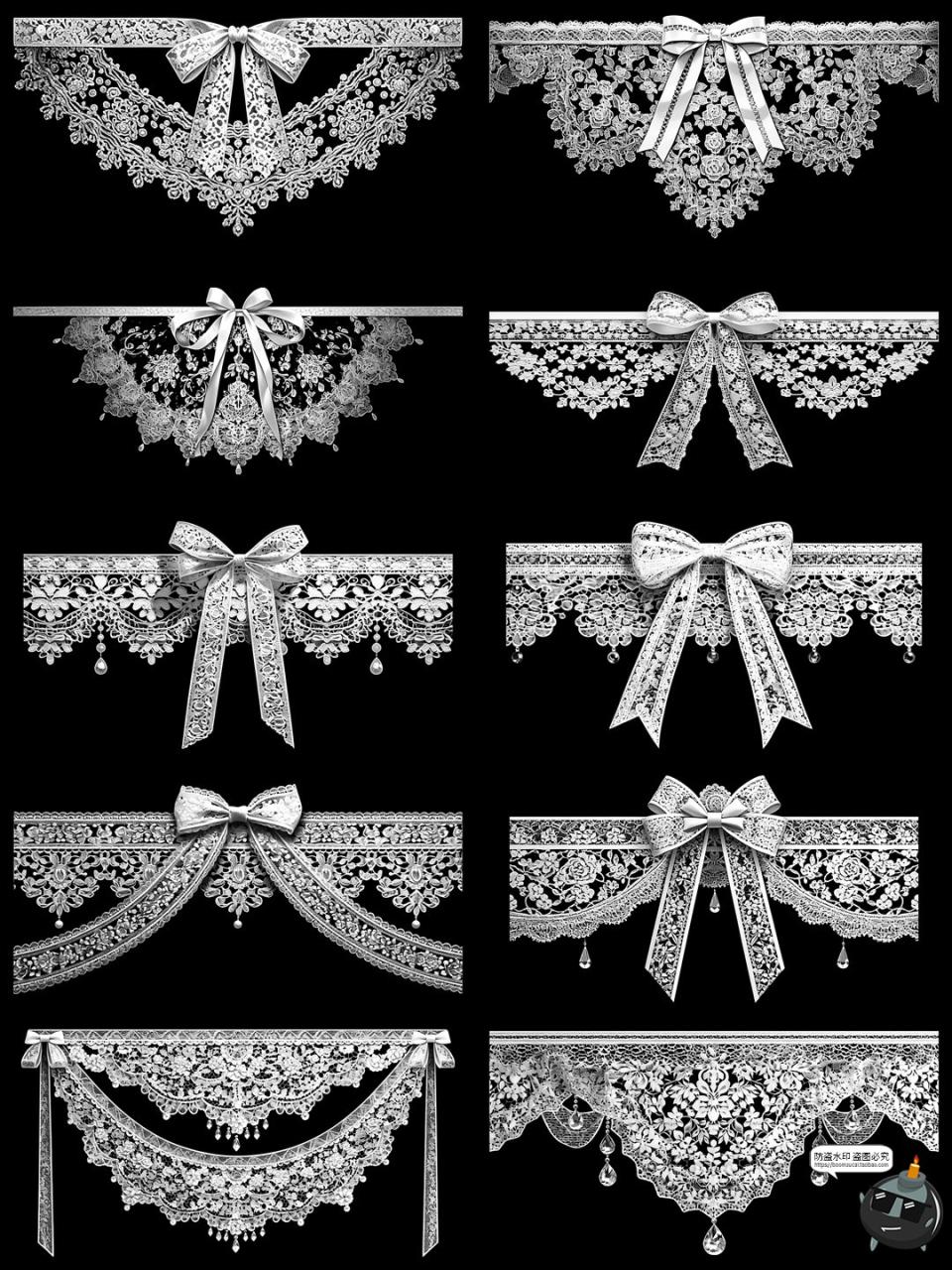 图片[7]-欧式巴洛克蕾丝边框花纹花边白丝带蝴蝶结装饰PNG免抠美工素材图-设计猿