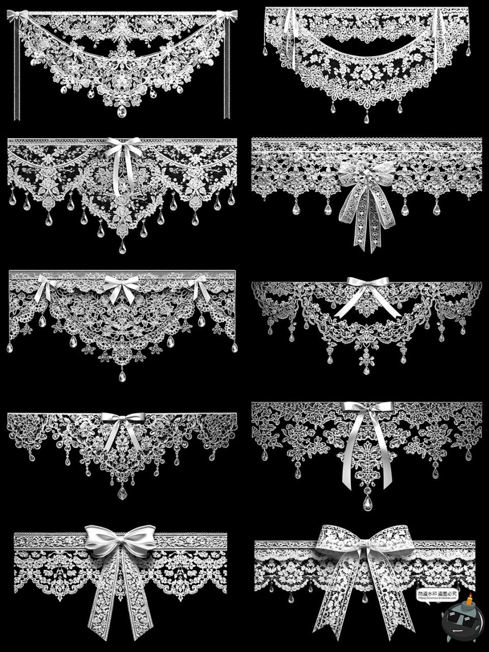 图片[8]-欧式巴洛克蕾丝边框花纹花边白丝带蝴蝶结装饰PNG免抠美工素材图-设计猿