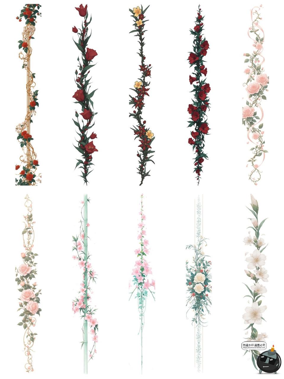 图片[1]-古风藤蔓花卉鲜花植物竖条形界限分割线边框美工手账PNG免抠素材-设计猿