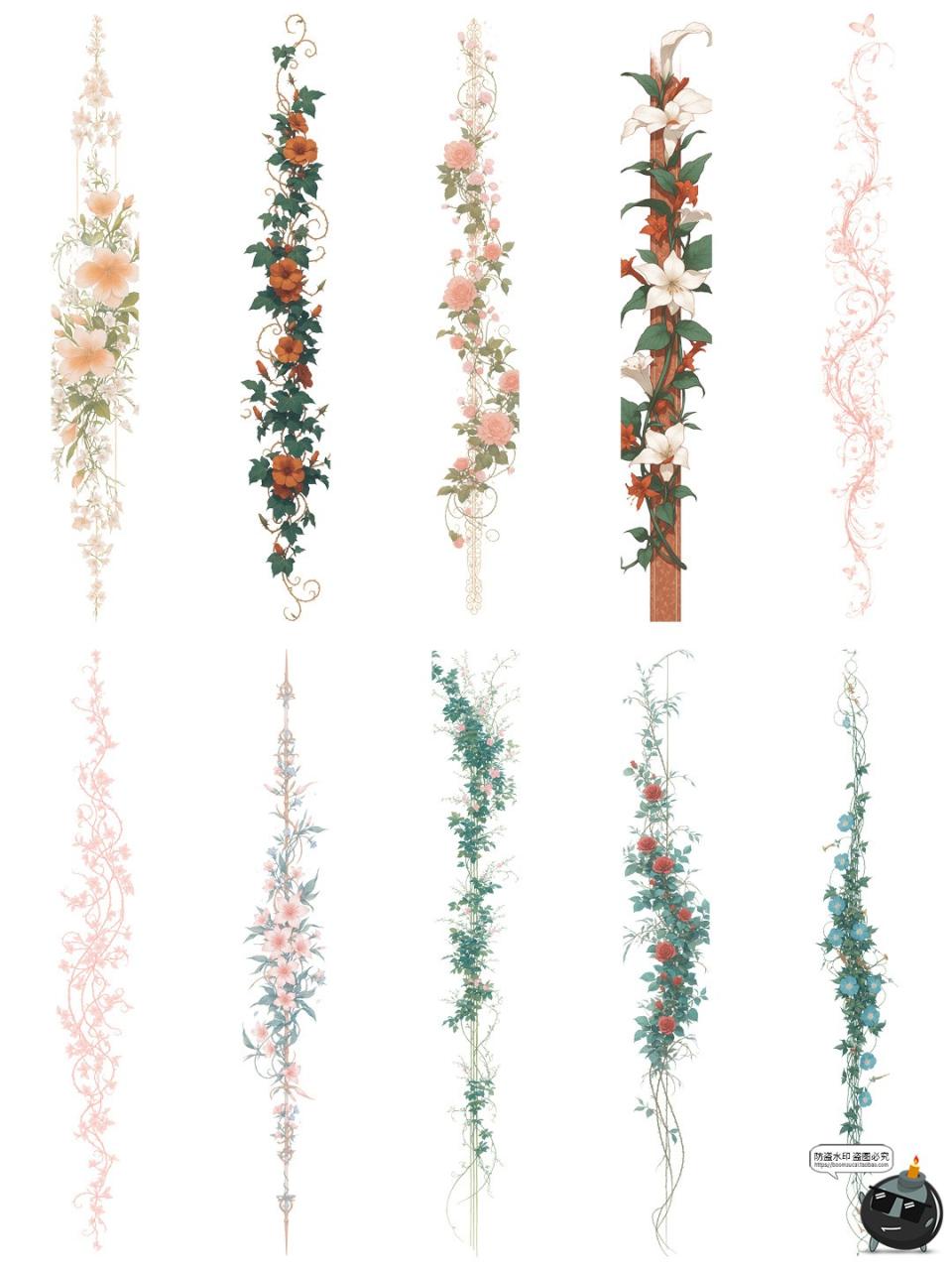 图片[2]-古风藤蔓花卉鲜花植物竖条形界限分割线边框美工手账PNG免抠素材-设计猿