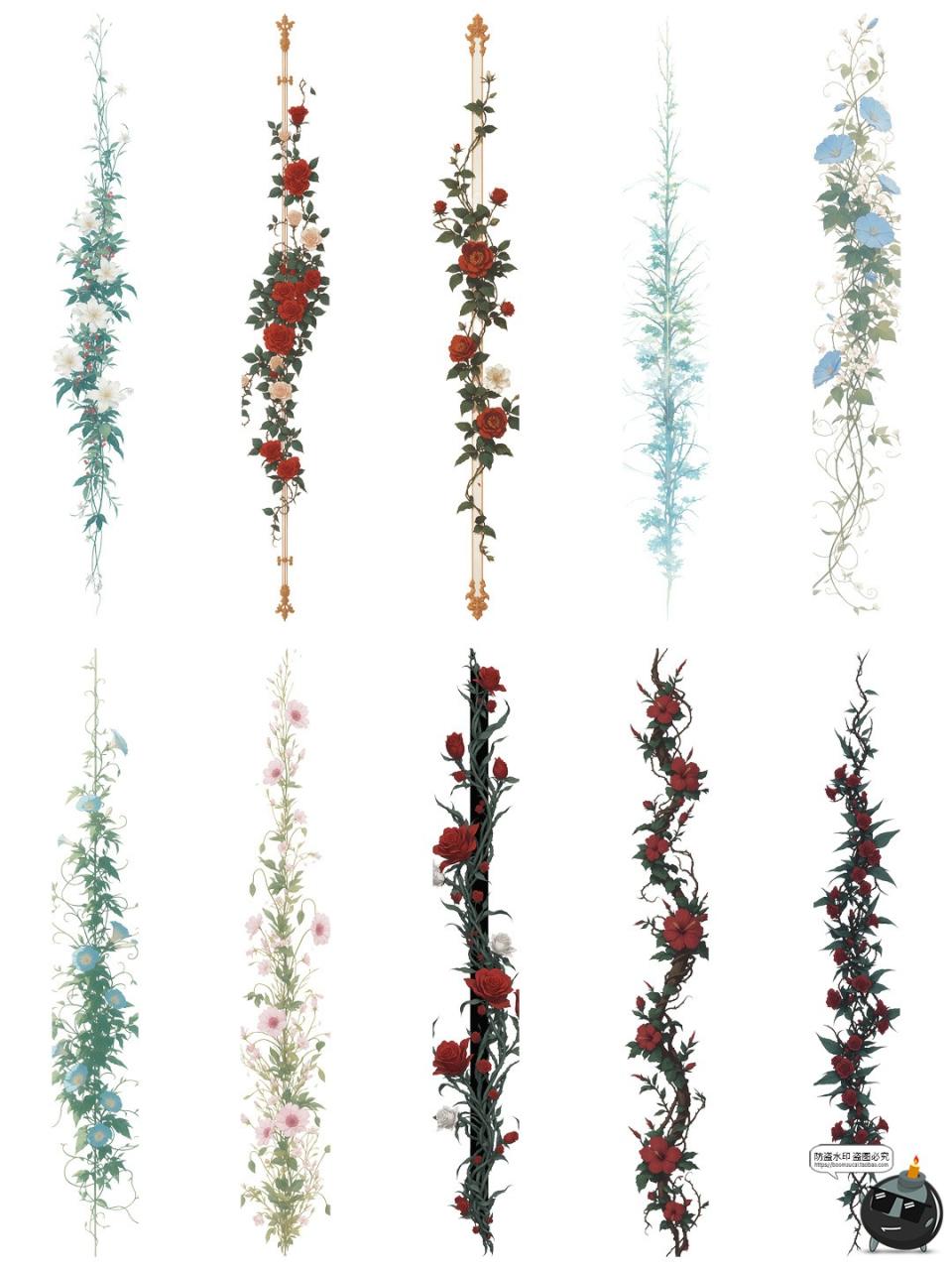 图片[3]-古风藤蔓花卉鲜花植物竖条形界限分割线边框美工手账PNG免抠素材-设计猿