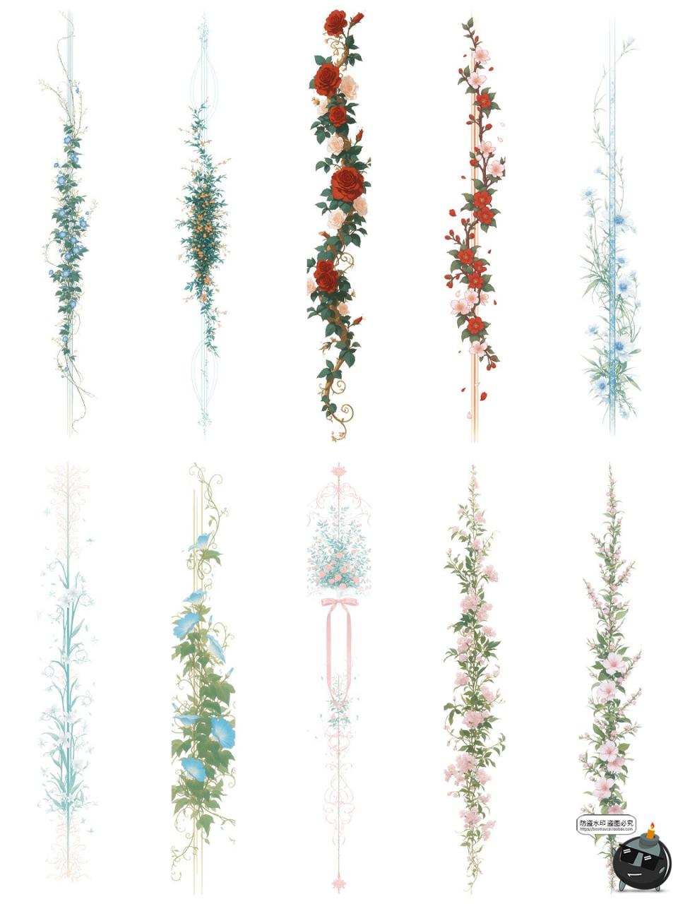 图片[4]-古风藤蔓花卉鲜花植物竖条形界限分割线边框美工手账PNG免抠素材-设计猿