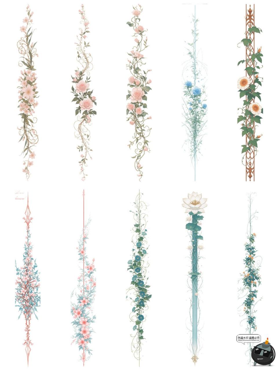 图片[5]-古风藤蔓花卉鲜花植物竖条形界限分割线边框美工手账PNG免抠素材-设计猿