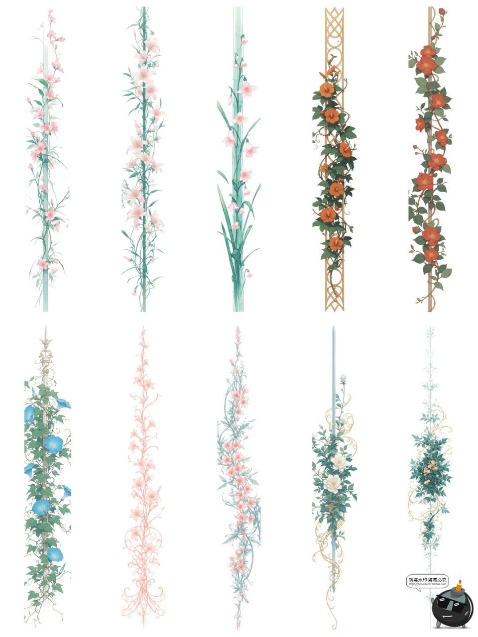 图片[6]-古风藤蔓花卉鲜花植物竖条形界限分割线边框美工手账PNG免抠素材-设计猿