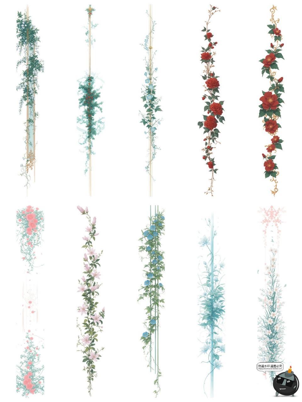 图片[7]-古风藤蔓花卉鲜花植物竖条形界限分割线边框美工手账PNG免抠素材-设计猿