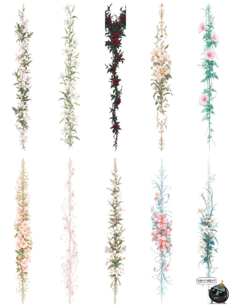 图片[8]-古风藤蔓花卉鲜花植物竖条形界限分割线边框美工手账PNG免抠素材-设计猿