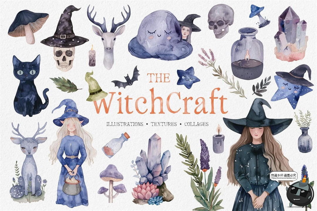 图片[1]-水彩女巫植物精灵蘑菇花环装饰元素手账美工拼贴图形纸张PNG素材-设计猿
