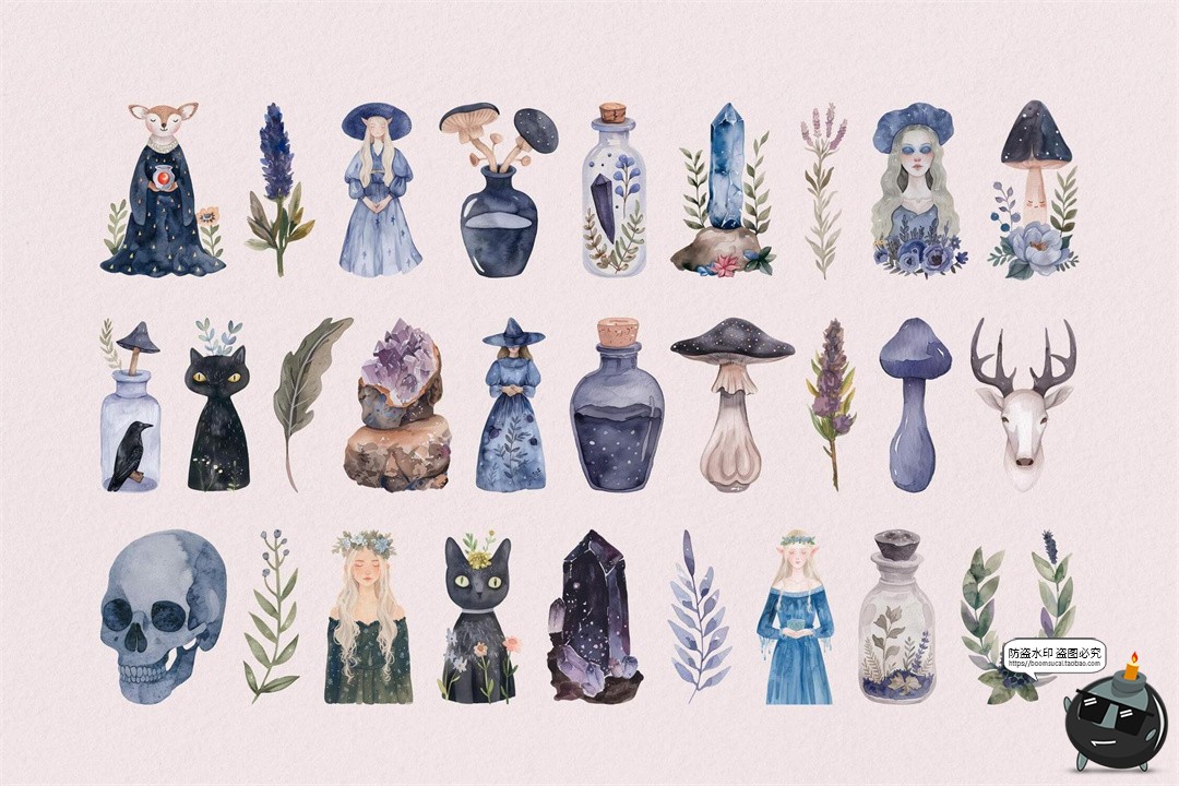 图片[2]-水彩女巫植物精灵蘑菇花环装饰元素手账美工拼贴图形纸张PNG素材-设计猿