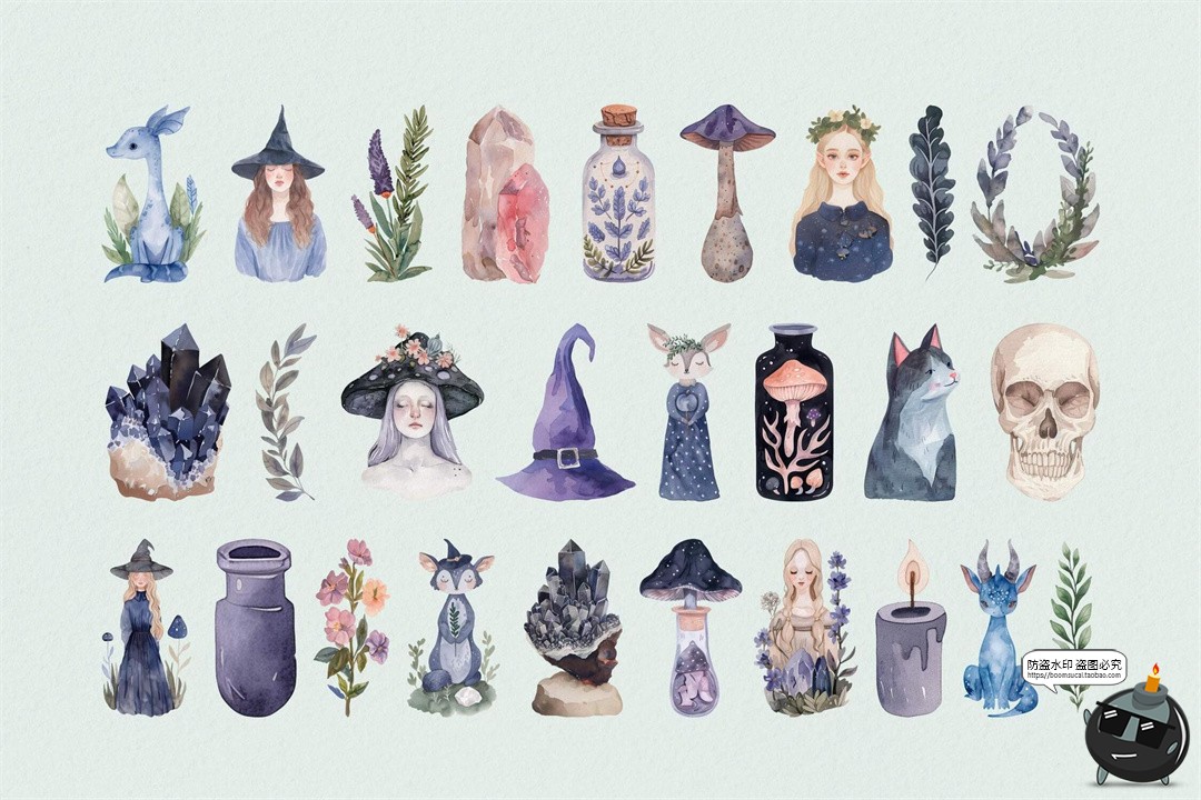 图片[3]-水彩女巫植物精灵蘑菇花环装饰元素手账美工拼贴图形纸张PNG素材-设计猿
