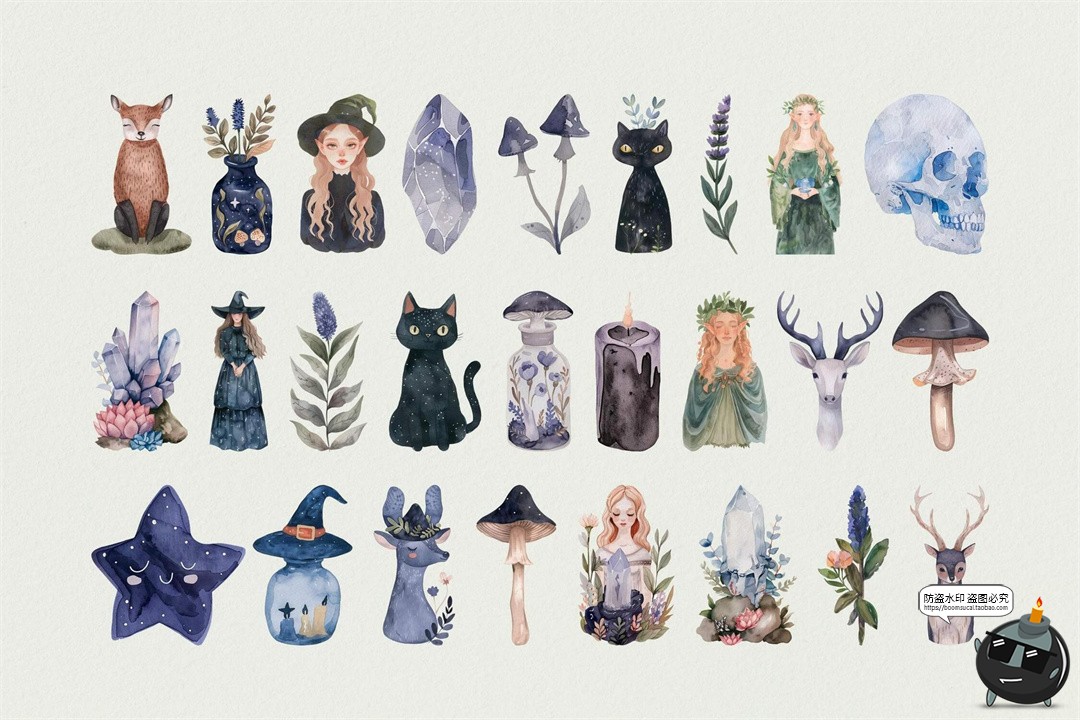 图片[4]-水彩女巫植物精灵蘑菇花环装饰元素手账美工拼贴图形纸张PNG素材-设计猿