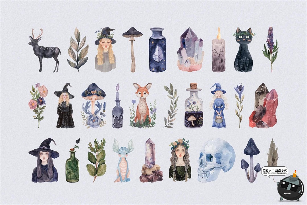 图片[5]-水彩女巫植物精灵蘑菇花环装饰元素手账美工拼贴图形纸张PNG素材-设计猿