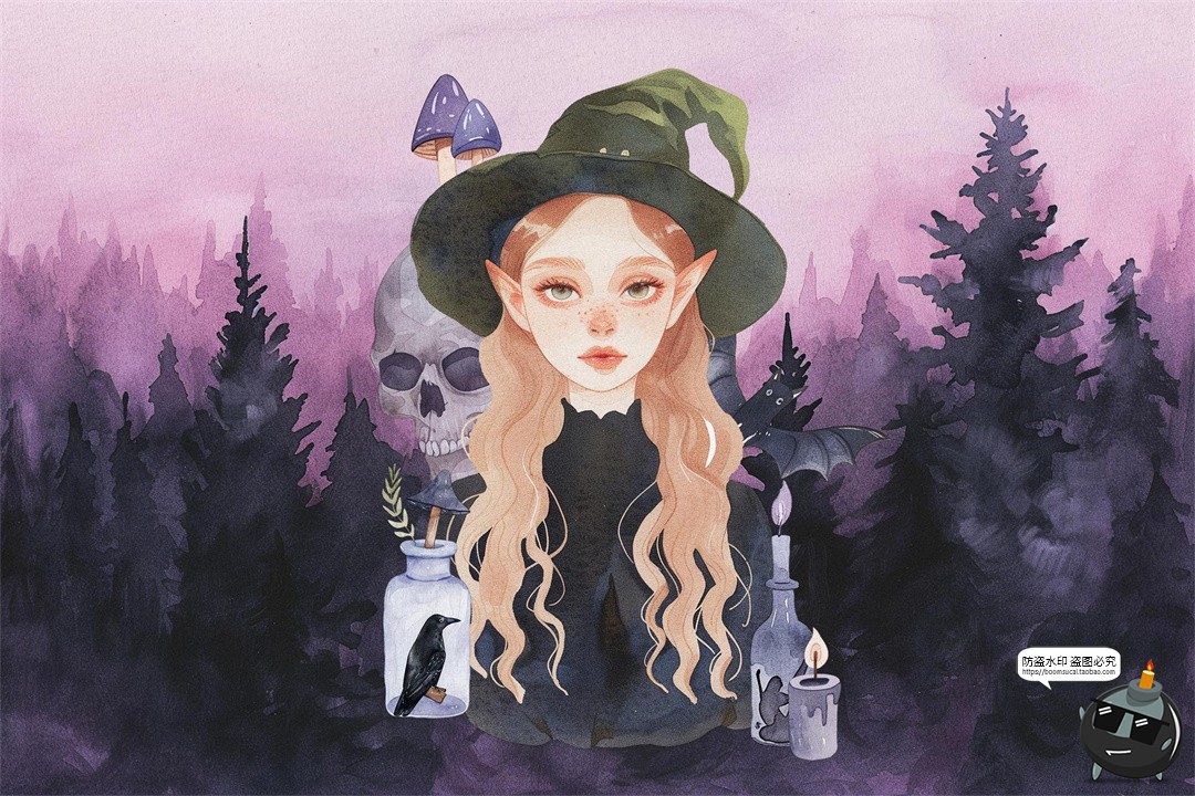 图片[9]-水彩女巫植物精灵蘑菇花环装饰元素手账美工拼贴图形纸张PNG素材-设计猿