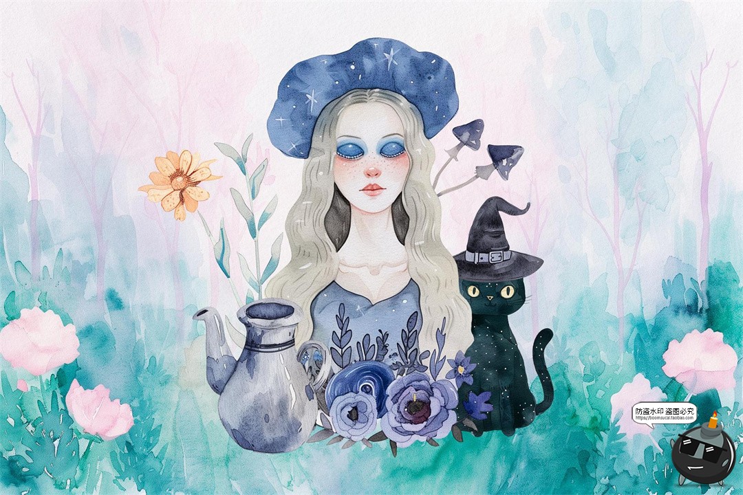 图片[10]-水彩女巫植物精灵蘑菇花环装饰元素手账美工拼贴图形纸张PNG素材-设计猿