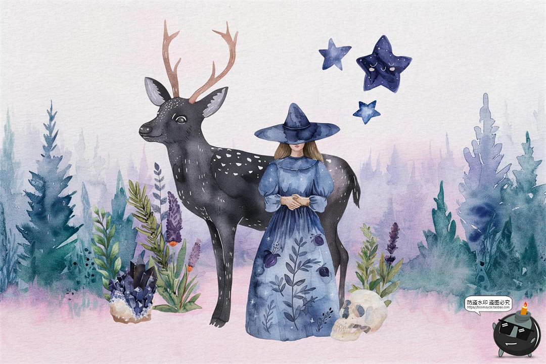 图片[11]-水彩女巫植物精灵蘑菇花环装饰元素手账美工拼贴图形纸张PNG素材-设计猿