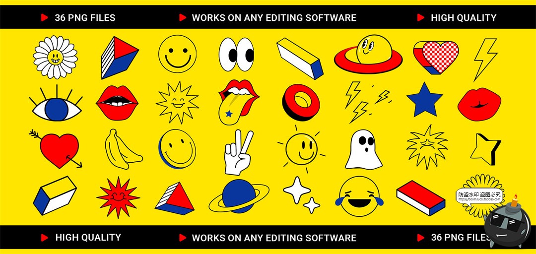 图片[1]-复古俏皮趣味表情Y2K美学潮流贴纸装饰元素卡通免抠图片PNG素材-设计猿