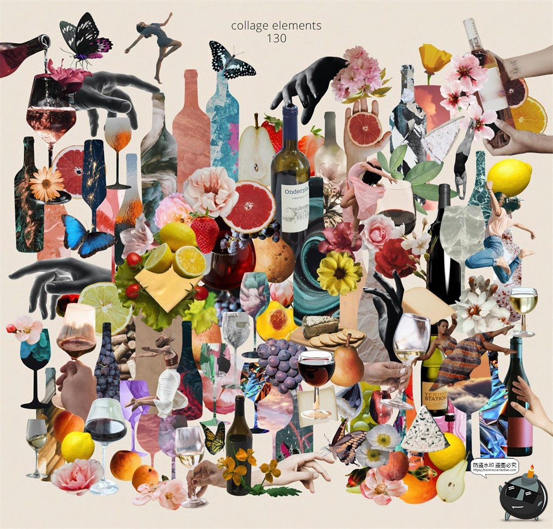 图片[2]-葡萄酒水果花朵手绘插画标签线条涂鸦艺术拼贴元素PNG免抠素材-设计猿