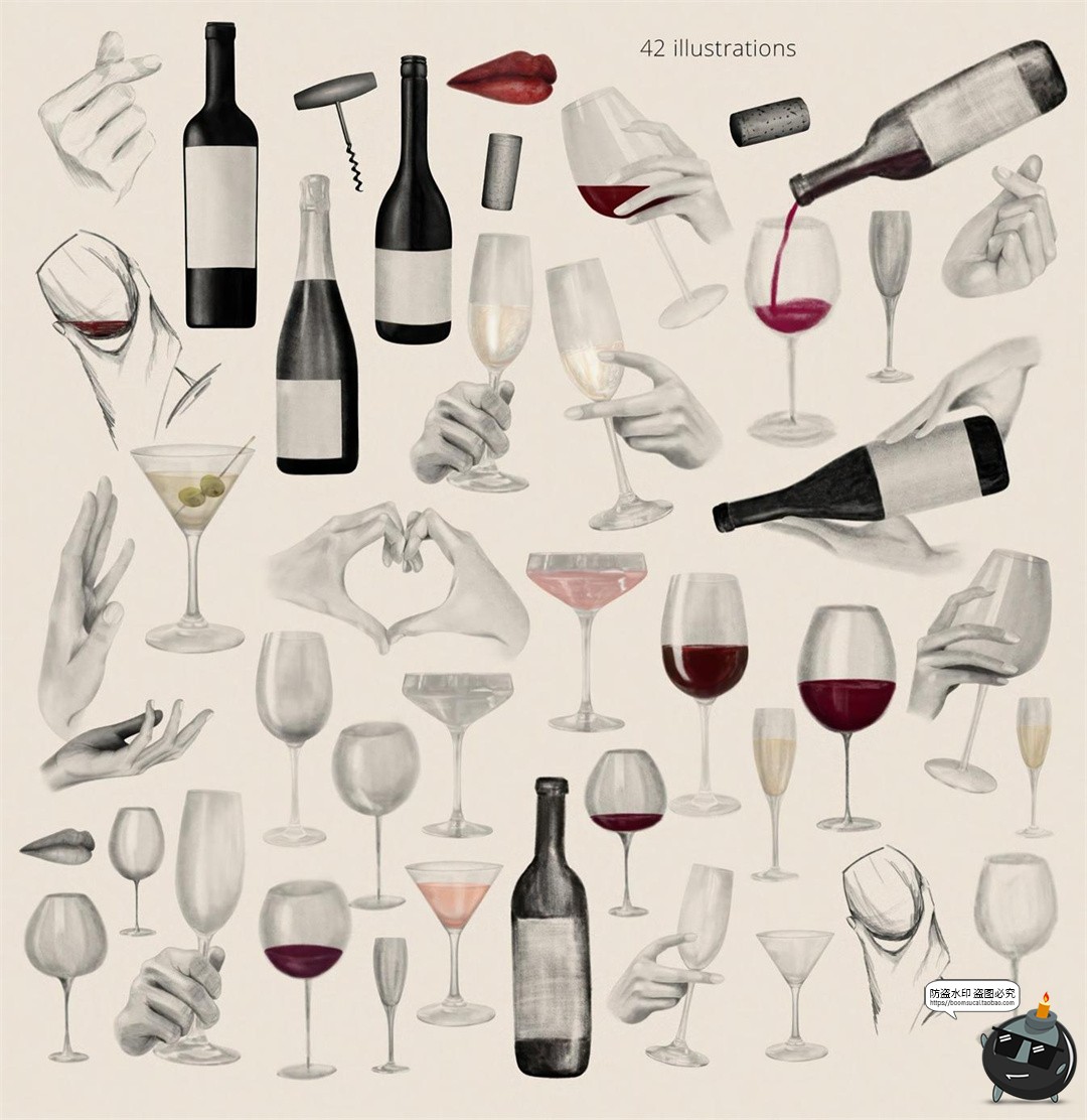 图片[3]-葡萄酒水果花朵手绘插画标签线条涂鸦艺术拼贴元素PNG免抠素材-设计猿