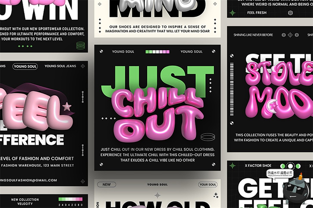 图片[1]-朋克Y2K时尚3D膨胀泡泡软糖字体社交媒体排版海报AI矢量模板素材-设计猿