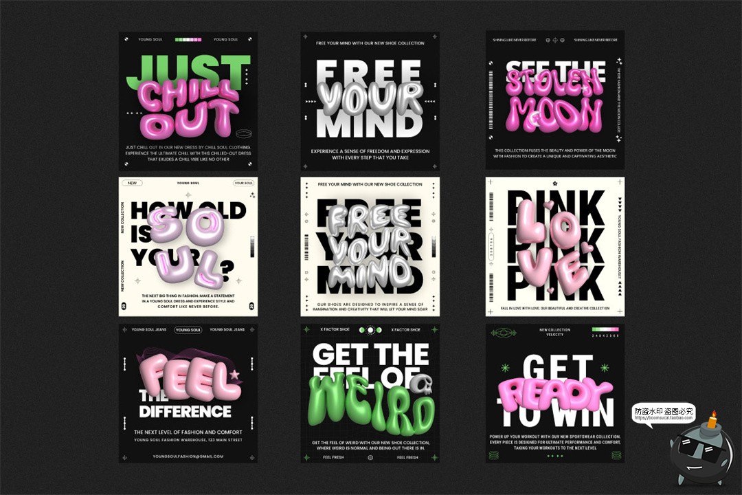 图片[2]-朋克Y2K时尚3D膨胀泡泡软糖字体社交媒体排版海报AI矢量模板素材-设计猿