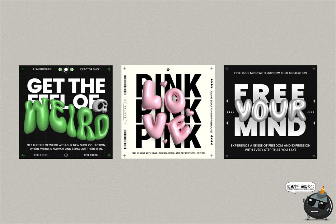 图片[4]-朋克Y2K时尚3D膨胀泡泡软糖字体社交媒体排版海报AI矢量模板素材-设计猿