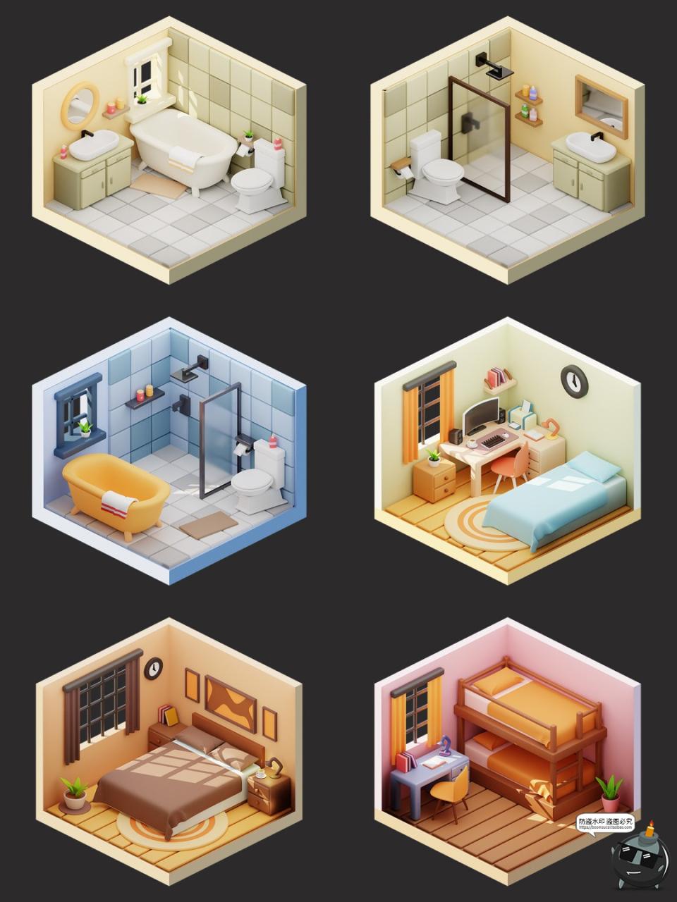 图片[4]-3D等距房间卧室浴室客厅布置摆设插图插画png免抠obj图片fbx素材-设计猿