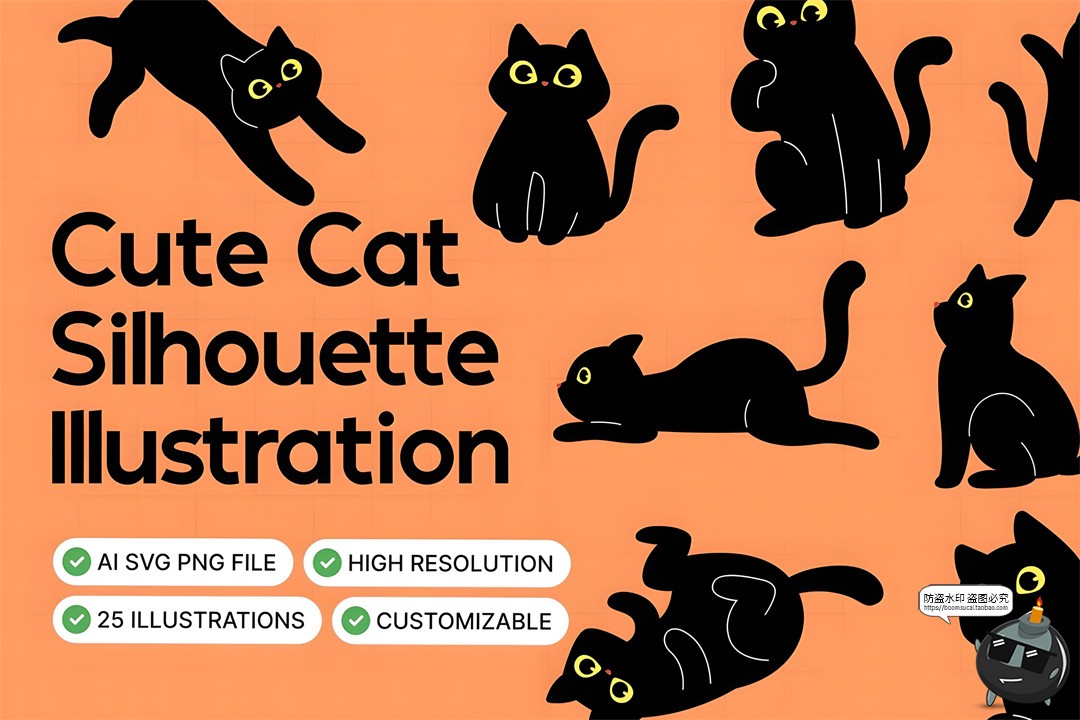 图片[1]-趣味卡通猫咪黑色猫图标图形动作插图插画PNG免抠AI矢量SVG素材-设计猿