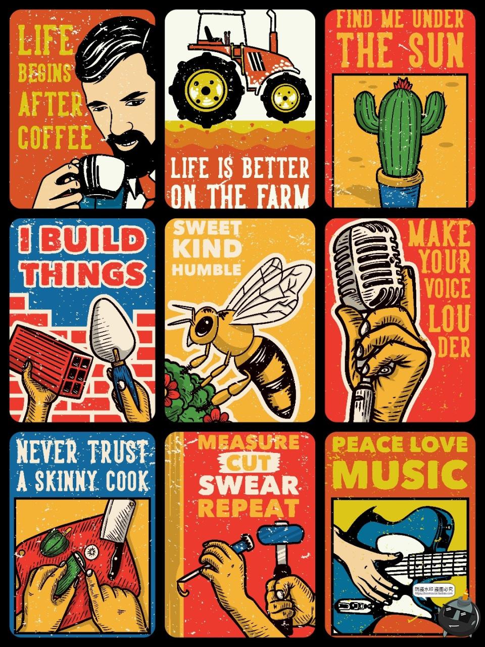 图片[3]-经典美式复古风手绘插画插图怀旧海报招贴传单印花图案AI矢量素材-设计猿