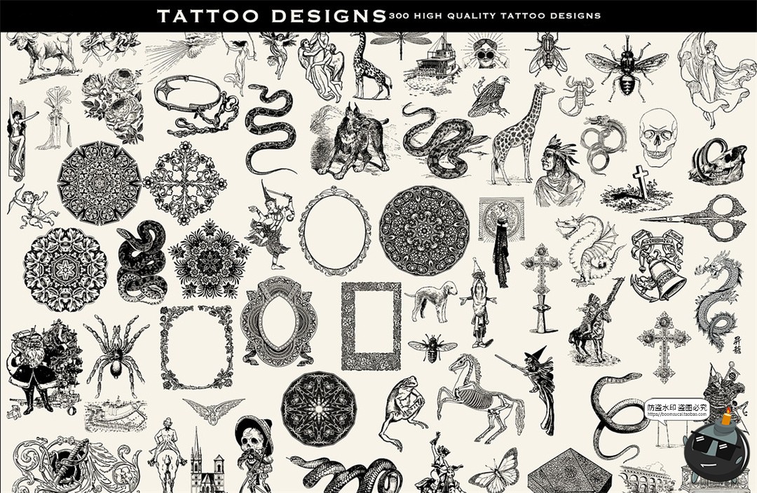 300款暗黑中世纪古典复古风格图案纹身线稿插图PNG免抠图片素材-设计猿