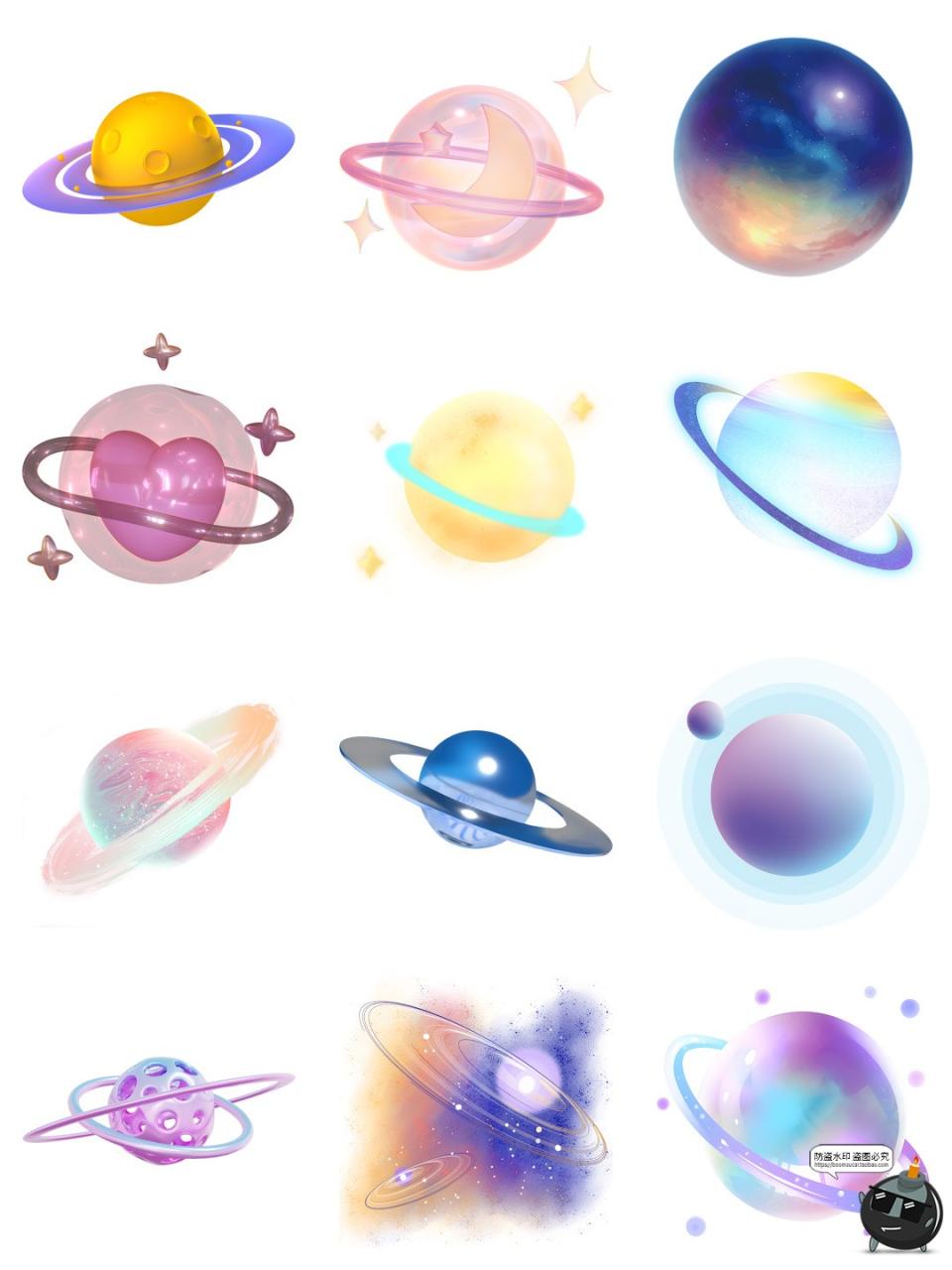 梦幻唯美彩色星球行星太阳系银河系宇宙卡通贴图PNG免抠图片素材-设计猿