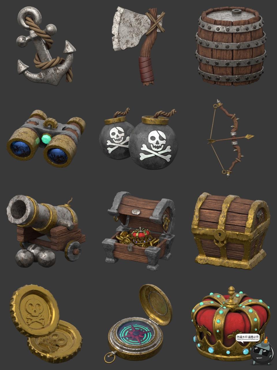 图片[2]-卡通海盗骷髅强盗复古主题元素插图3D图标PNG免抠obj格式icon素材-设计猿